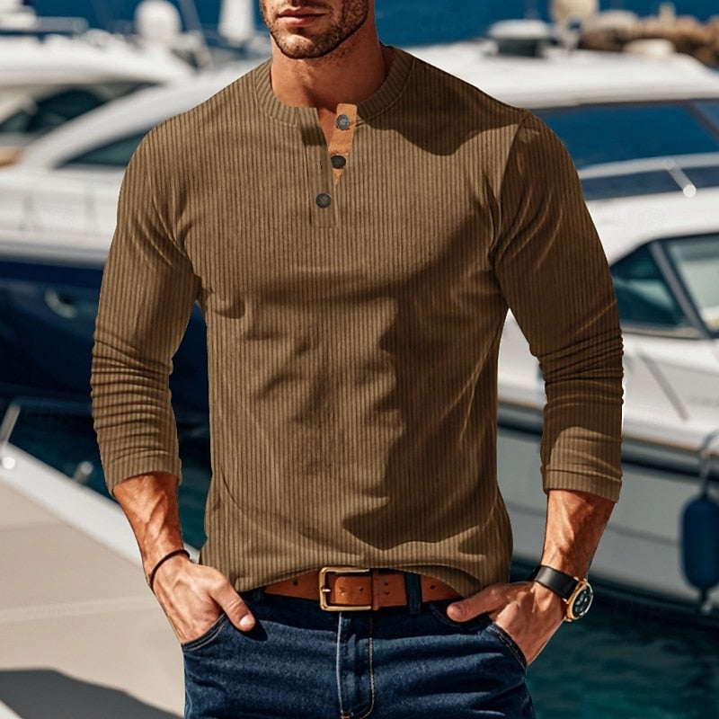 Henley Shirt Ribbed Long Sleeve Men's Brown Button Neck Top – Casual, Office, Holiday, Gift