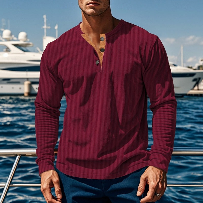 Henley Shirt Ribbed Long Sleeve Men's Brown Button Neck Top – Casual, Office, Holiday, Gift
