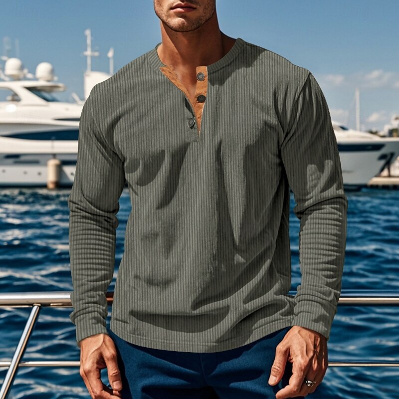 Henley Shirt Ribbed Long Sleeve Men's Brown Button Neck Top – Casual, Office, Holiday, Gift