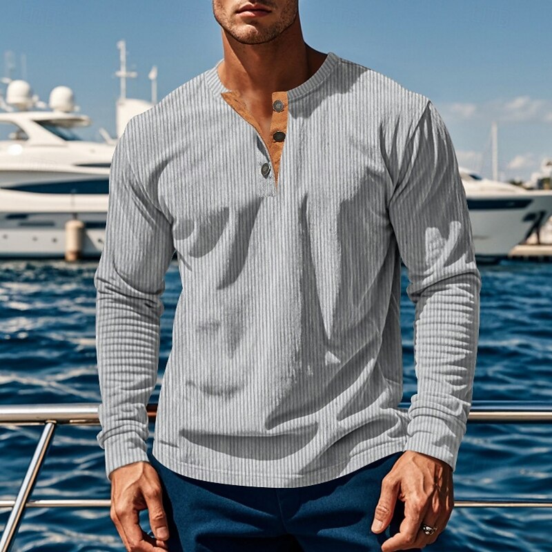 Henley Shirt Ribbed Long Sleeve Men's Brown Button Neck Top – Casual, Office, Holiday, Gift