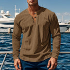 Henley Shirt Ribbed Long Sleeve Men's Brown Button Neck Top – Casual, Office, Holiday, Gift