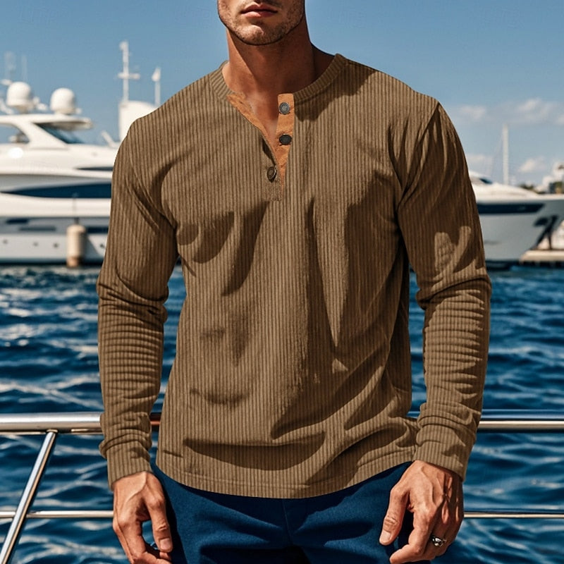 Henley Shirt Ribbed Long Sleeve Men's Brown Button Neck Top – Casual, Office, Holiday, Gift