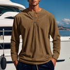 Henley Shirt Ribbed Long Sleeve Men's Brown Button Neck Top – Casual, Office, Holiday, Gift