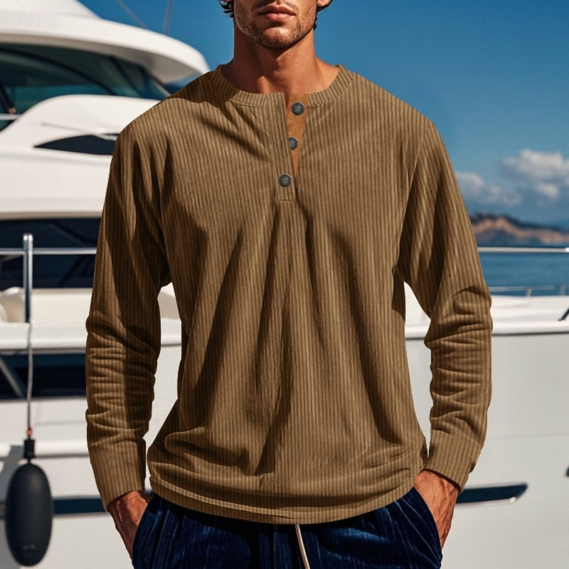 Henley Shirt Ribbed Long Sleeve Men's Brown Button Neck Top – Casual, Office, Holiday, Gift