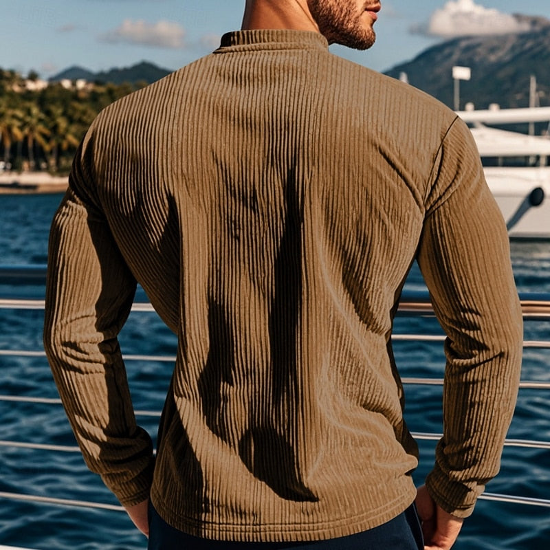 Henley Shirt Ribbed Long Sleeve Men's Brown Button Neck Top – Casual, Office, Holiday, Gift