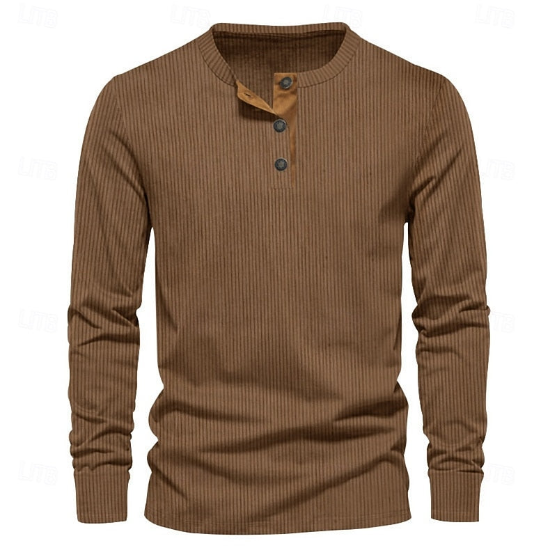 Henley Shirt Ribbed Long Sleeve Men's Brown Button Neck Top – Casual, Office, Holiday, Gift