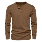 Henley Shirt Ribbed Long Sleeve Men's Brown Button Neck Top – Casual, Office, Holiday, Gift