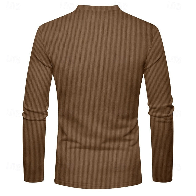 Henley Shirt Ribbed Long Sleeve Men's Brown Button Neck Top – Casual, Office, Holiday, Gift