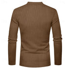 Henley Shirt Ribbed Long Sleeve Men's Brown Button Neck Top – Casual, Office, Holiday, Gift