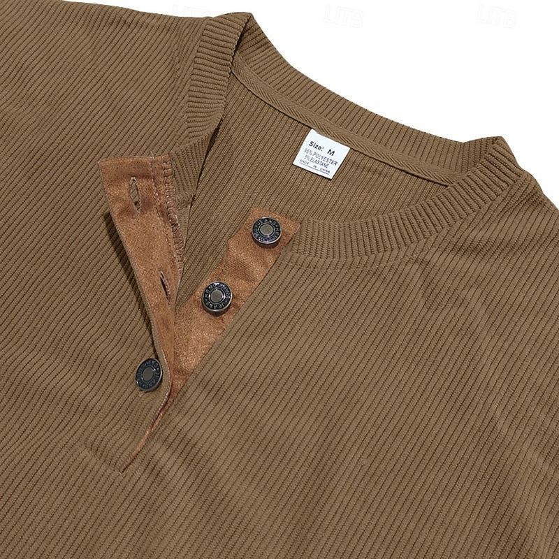 Henley Shirt Ribbed Long Sleeve Men's Brown Button Neck Top – Casual, Office, Holiday, Gift