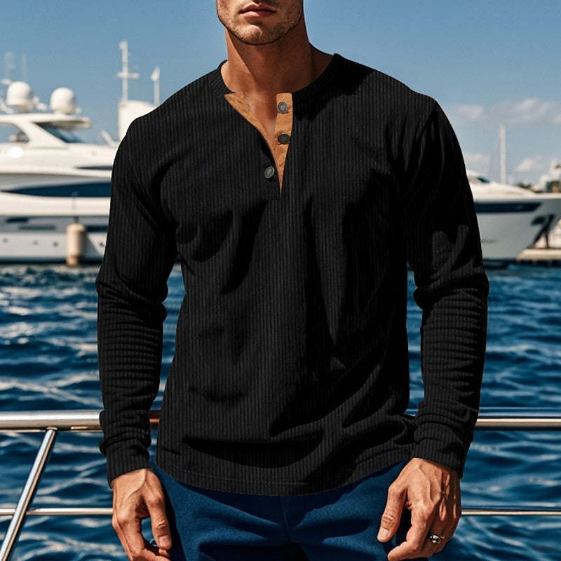 Henley Shirt Ribbed Long Sleeve Men's Brown Button Neck Top – Casual, Office, Holiday, Gift