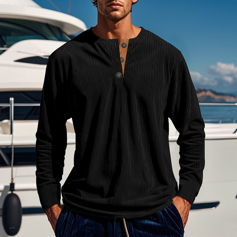 Henley Shirt Ribbed Long Sleeve Men's Brown Button Neck Top – Casual, Office, Holiday, Gift