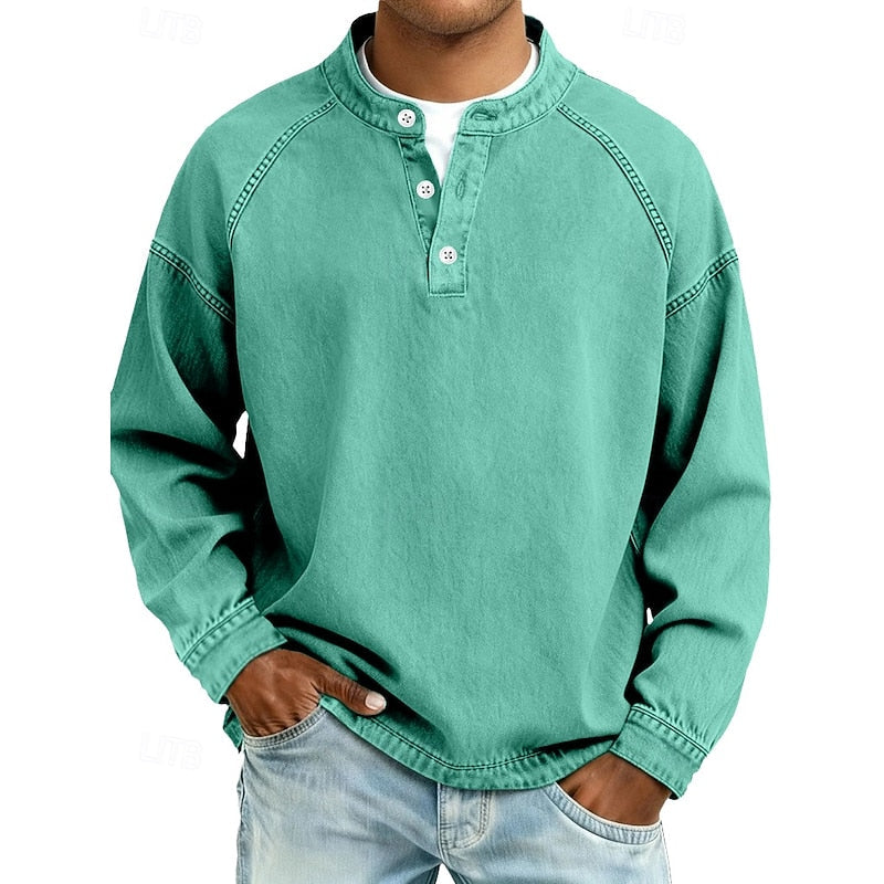 Henley Sweatshirt Cotton Men's Washed Purple Long Sleeve Button Neck – Casual, Office, Holiday, Gift