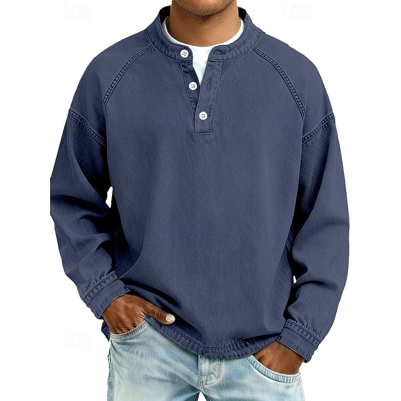 Henley Sweatshirt Cotton Men's Washed Purple Long Sleeve Button Neck – Casual, Office, Holiday, Gift