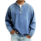 Henley Sweatshirt Cotton Men's Washed Purple Long Sleeve Button Neck – Casual, Office, Holiday, Gift