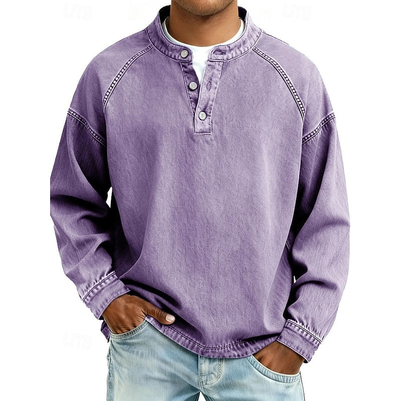 Henley Sweatshirt Cotton Men's Washed Purple Long Sleeve Button Neck – Casual, Office, Holiday, Gift