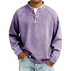 Henley Sweatshirt Cotton Men's Washed Purple Long Sleeve Button Neck – Casual, Office, Holiday, Gift