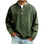 Henley Sweatshirt Cotton Men's Washed Purple Long Sleeve Button Neck – Casual, Office, Holiday, Gift