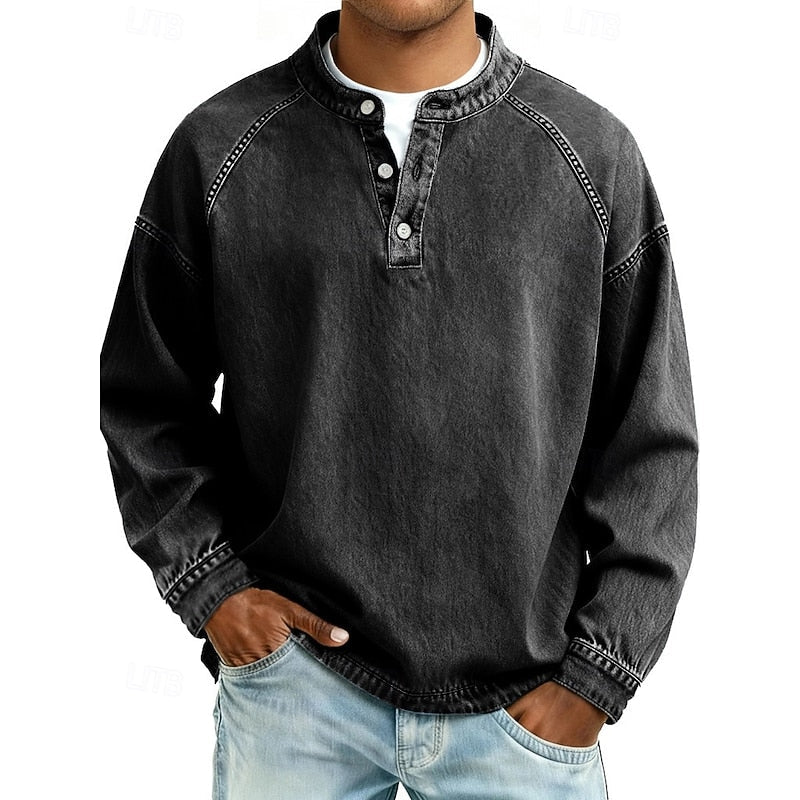 Henley Sweatshirt Cotton Men's Washed Purple Long Sleeve Button Neck – Casual, Office, Holiday, Gift