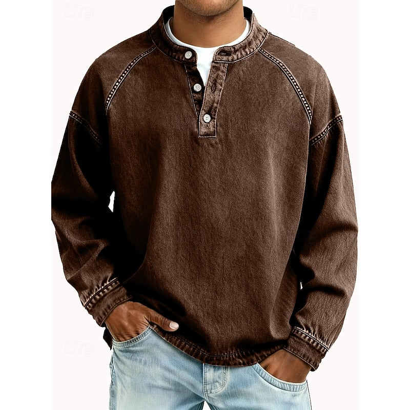Henley Sweatshirt Cotton Men's Washed Purple Long Sleeve Button Neck – Casual, Office, Holiday, Gift