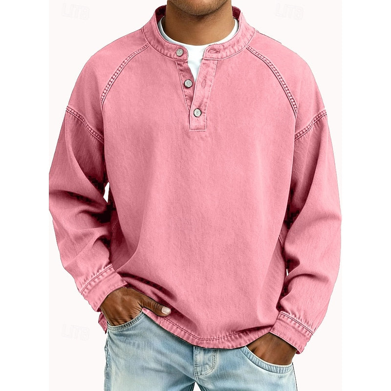 Henley Sweatshirt Cotton Men's Washed Purple Long Sleeve Button Neck – Casual, Office, Holiday, Gift