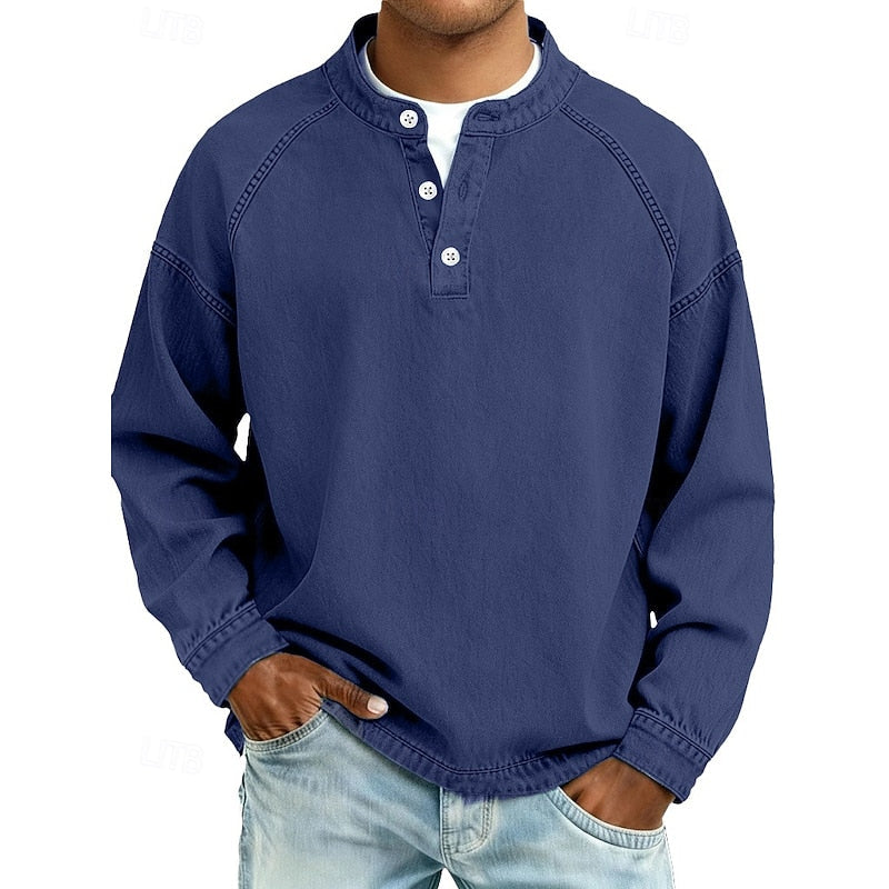 Henley Sweatshirt Cotton Men's Washed Purple Long Sleeve Button Neck – Casual, Office, Holiday, Gift