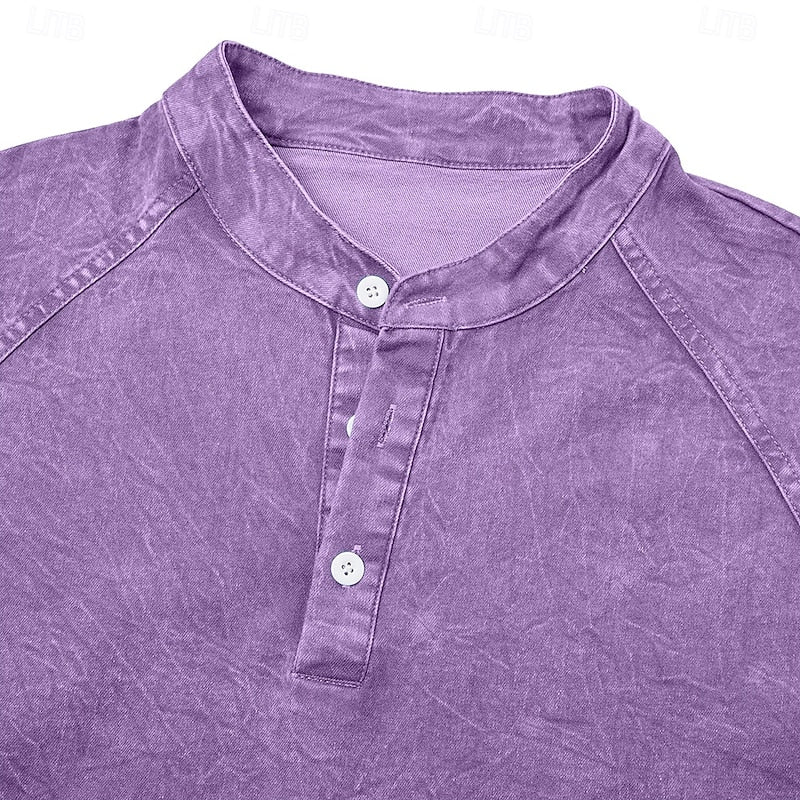 Henley Sweatshirt Cotton Men's Washed Purple Long Sleeve Button Neck – Casual, Office, Holiday, Gift