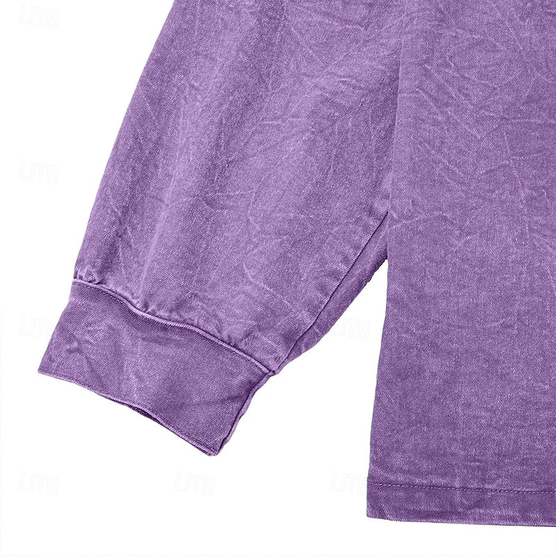 Henley Sweatshirt Cotton Men's Washed Purple Long Sleeve Button Neck – Casual, Office, Holiday, Gift