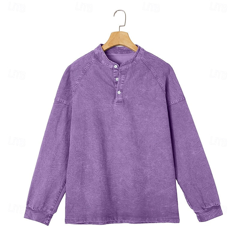 Henley Sweatshirt Cotton Men's Washed Purple Long Sleeve Button Neck – Casual, Office, Holiday, Gift