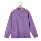 Henley Sweatshirt Cotton Men's Washed Purple Long Sleeve Button Neck – Casual, Office, Holiday, Gift