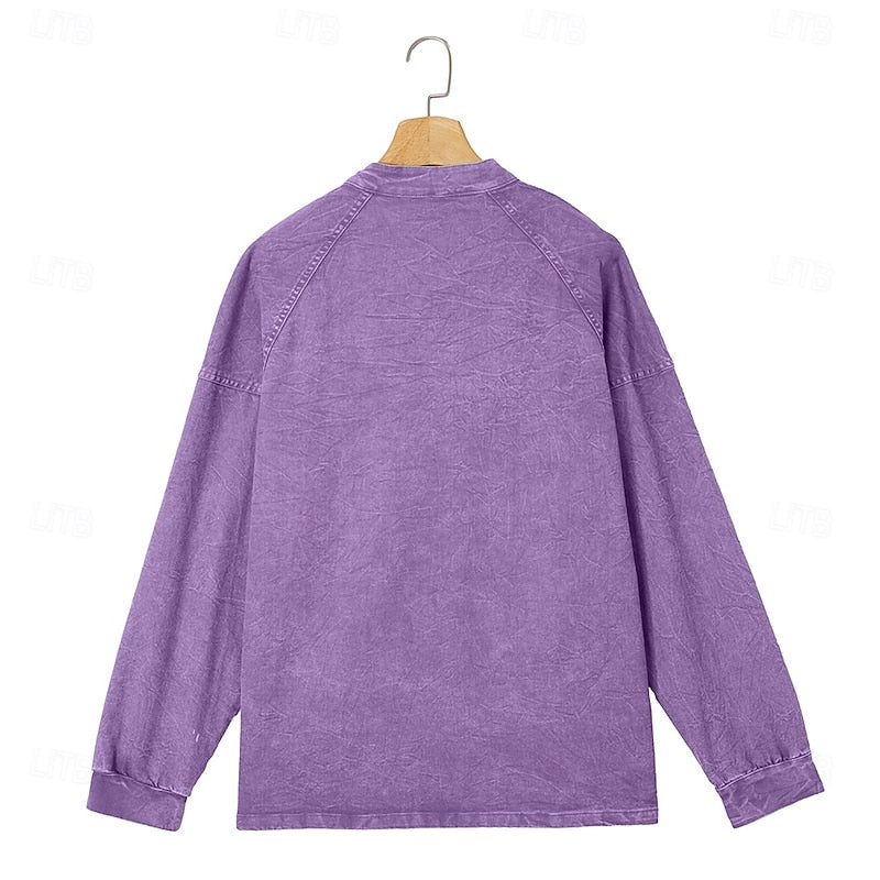 Henley Sweatshirt Cotton Men's Washed Purple Long Sleeve Button Neck – Casual, Office, Holiday, Gift