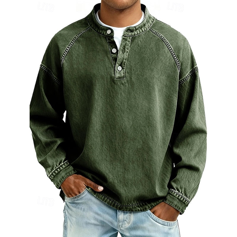 Henley Sweatshirt Cotton Men's Washed Purple Long Sleeve Button Neck – Casual, Office, Holiday, Gift