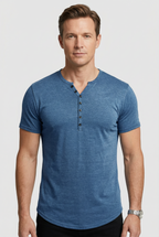 Henley T-Shirt Men's Short Sleeve Blue Button Placket – Casual, Office, Everyday, Gift