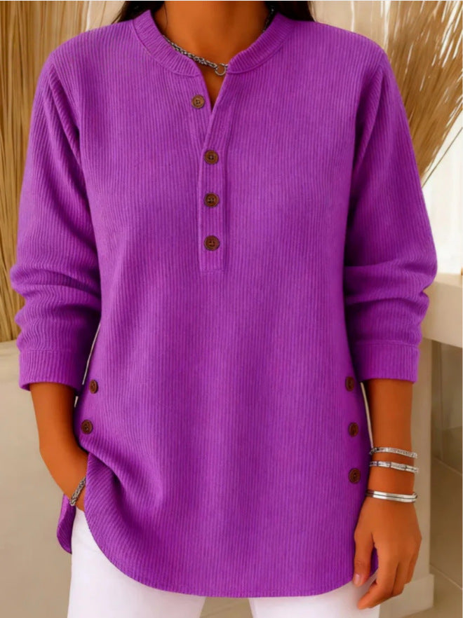 Henley Tunic Top Ribbed Blue Women's Long Sleeve Button Detail – Casual, Office · Werune