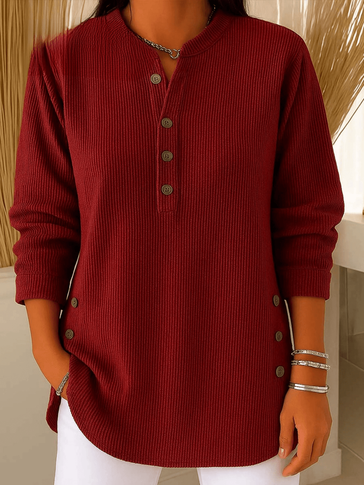 Henley Tunic Top Ribbed Blue Women's Long Sleeve Button Detail – Casual, Office · Werune
