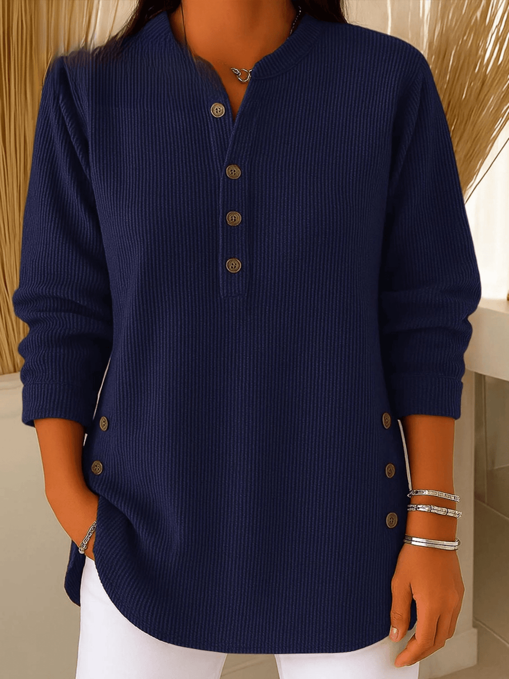 Henley Tunic Top Ribbed Blue Women's Long Sleeve Button Detail – Casual, Office · Werune