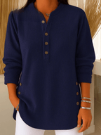 Henley Tunic Top Ribbed Blue Women's Long Sleeve Button Detail – Casual, Office · Werune