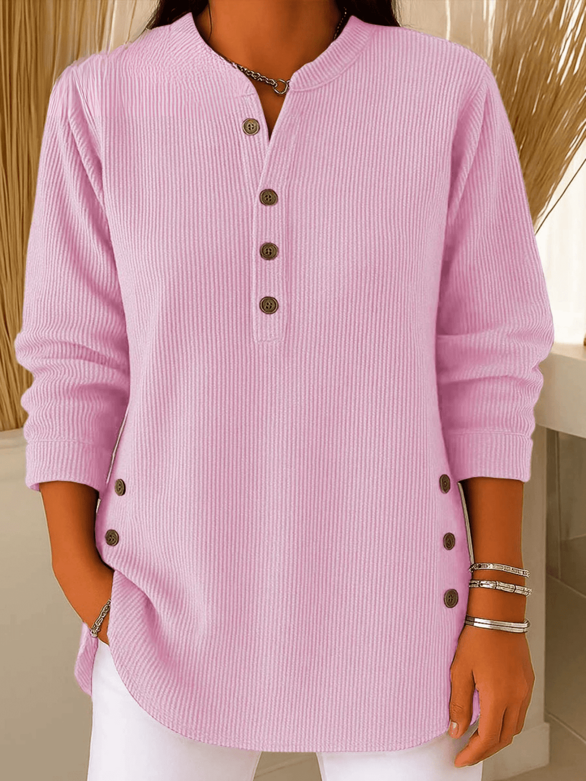 Henley Tunic Top Ribbed Blue Women's Long Sleeve Button Detail – Casual, Office · Werune