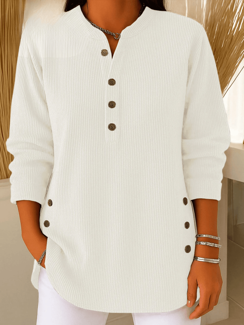 Henley Tunic Top Ribbed Blue Women's Long Sleeve Button Detail – Casual, Office · Werune