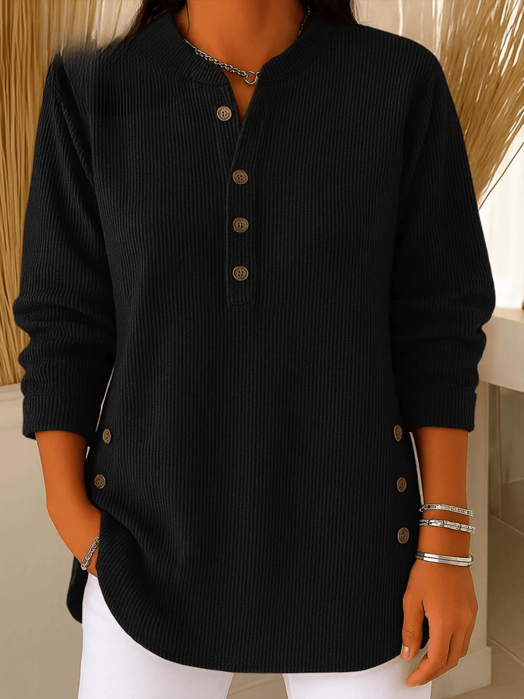 Henley Tunic Top Ribbed Blue Women's Long Sleeve Button Detail – Casual, Office · Werune