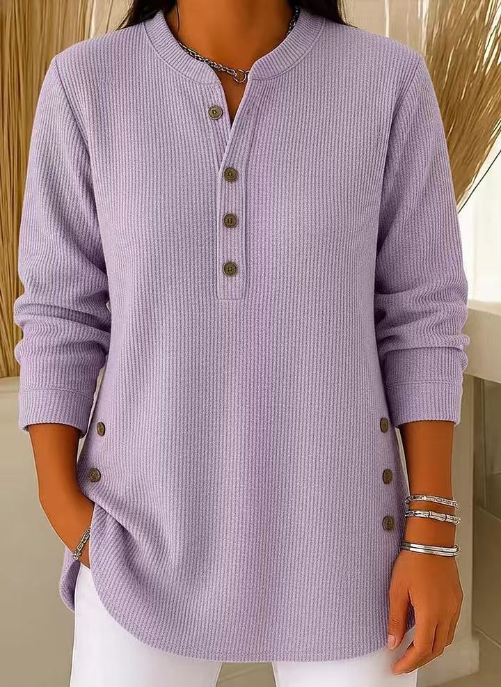 Henley Tunic Top Ribbed Blue Women's Long Sleeve Button Detail – Casual, Office · Werune