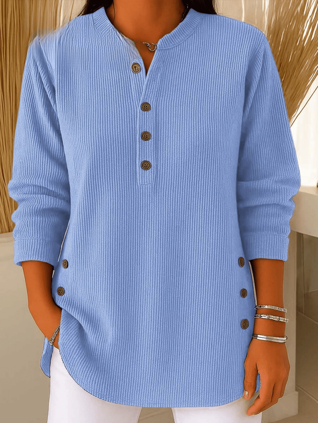 Henley Tunic Top Ribbed Blue Women's Long Sleeve Button Detail – Casual, Office · Werune