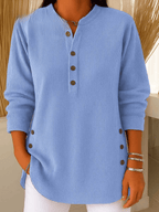 Henley Tunic Top Ribbed Blue Women's Long Sleeve Button Detail – Casual, Office · Werune