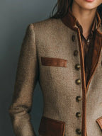 Herringbone Tweed Blazer Leather-Trim Women's Stand Collar Button-Front Jacket – Office, Casual, Gift