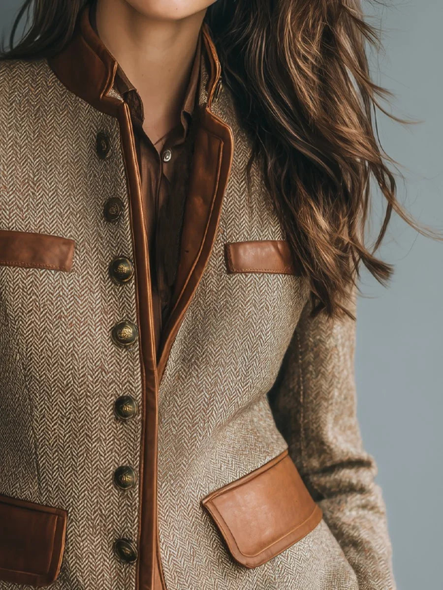 Herringbone Tweed Blazer Leather-Trim Women's Stand Collar Button-Front Jacket – Office, Casual, Gift