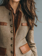 Herringbone Tweed Blazer Leather-Trim Women's Stand Collar Button-Front Jacket – Office, Casual, Gift