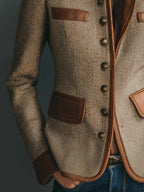 Herringbone Tweed Blazer Leather-Trim Women's Stand Collar Button-Front Jacket – Office, Casual, Gift
