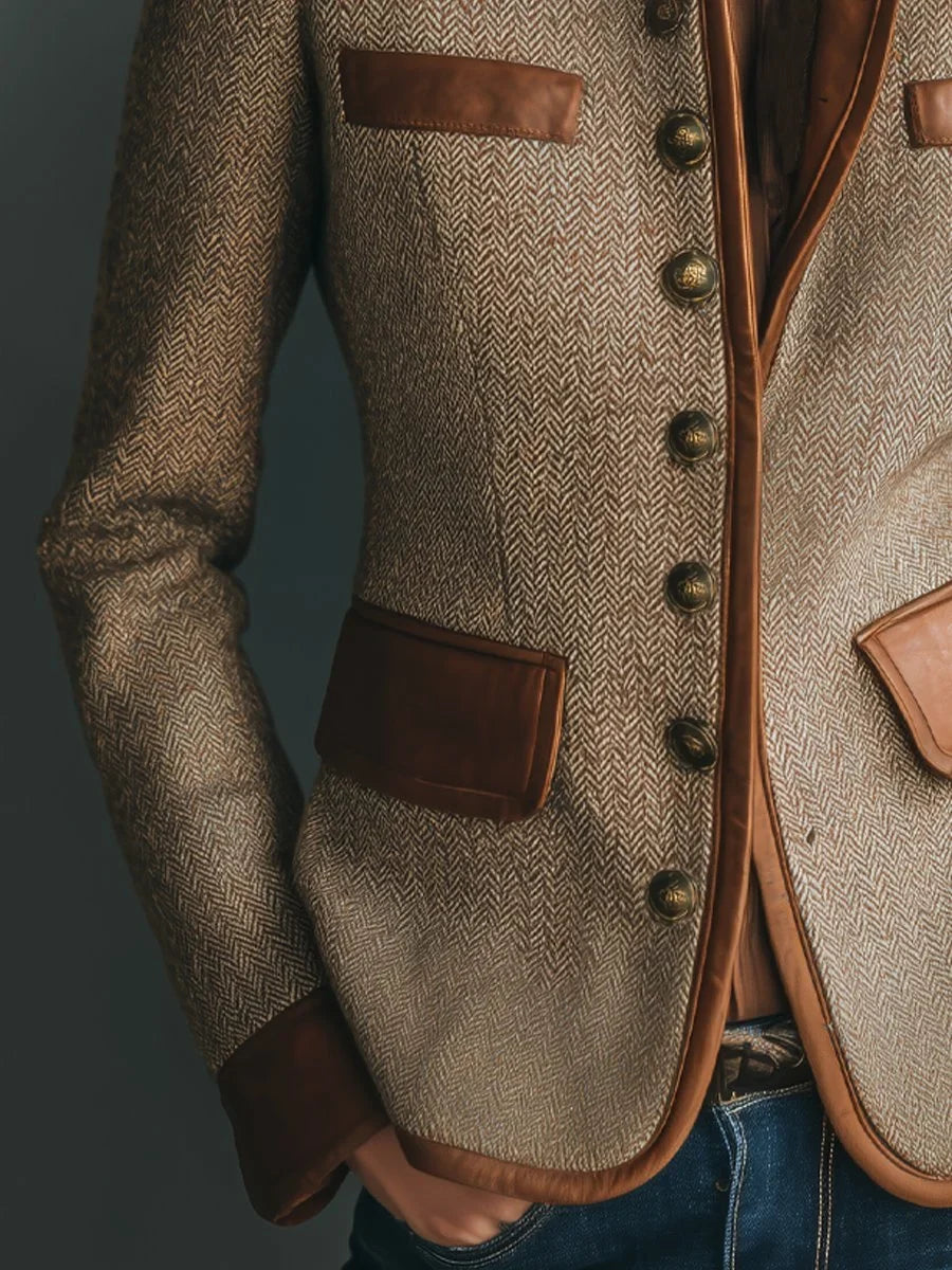 Herringbone Tweed Blazer Leather-Trim Women's Stand Collar Button-Front Jacket – Office, Casual, Gift
