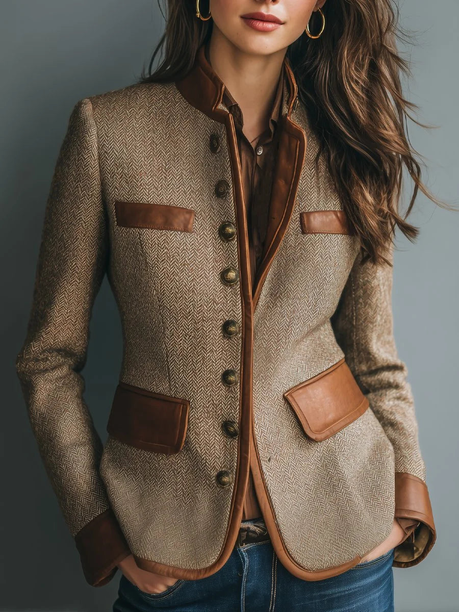 Herringbone Tweed Blazer Leather-Trim Women's Stand Collar Button-Front Jacket – Office, Casual, Gift