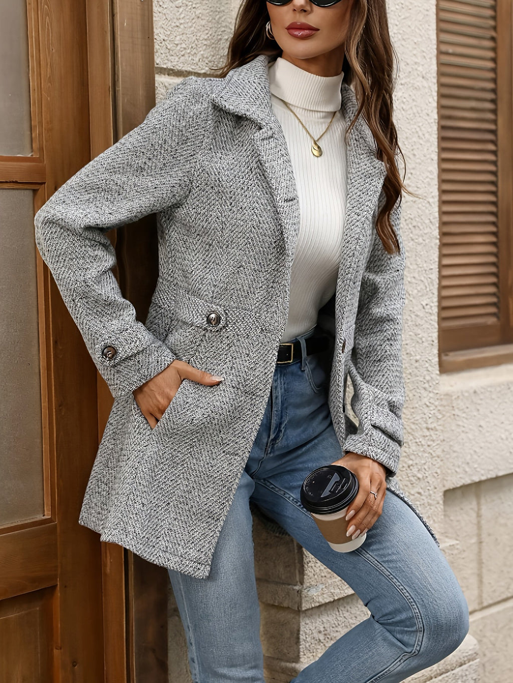 Herringbone Tweed Coat Grey Women's Lapel Button-Front – Casual, Office, Winter, Everyday Wear